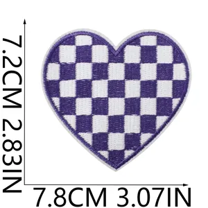 Detailed size view of purple checkerboard heart-shaped embroidered patch 7.8x7.2cm