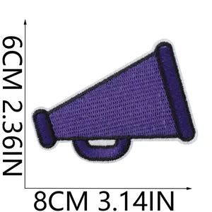 Detailed dimension view of the purple megaphone embroidered patch measuring 8x6 cm