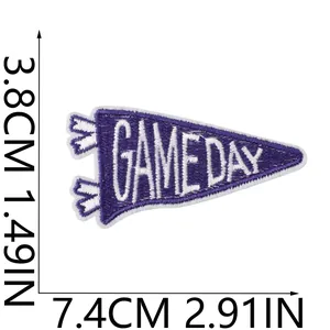 Detailed view of Game Day embroidered patch showing 7.4cm by 3.8cm dimensions.