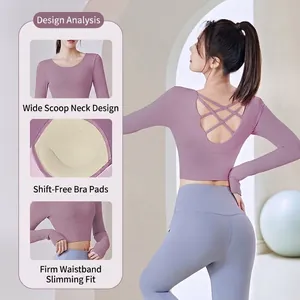 Women's High Waist Naked Feeling Yoga Set Long Sleeve Top And Bottom Gym Fitness Sportswear Leggings With Padded Bra