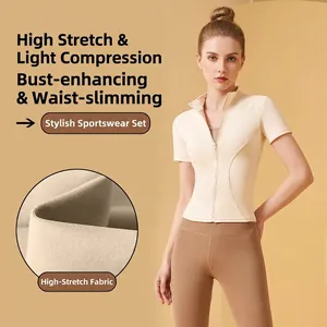 Women Slim Fit Yoga Set High Elasticity Nude Feeling Fitness Running Suit Stand Collar Zipper Short Sleeve Top And Leggings