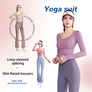 Tenue de yoga respirante avec haut à manches longues et pantalon évasé à taille haute
