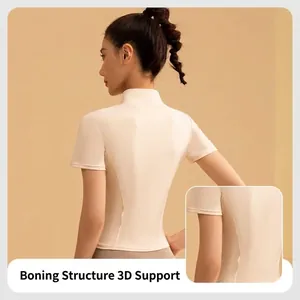 High-stretch short-sleeved yoga sports top with slim-fit fishbone support design