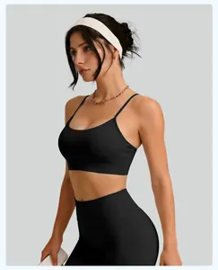 Detailed side view of a black high-impact yoga sports bra with thin straps and open back