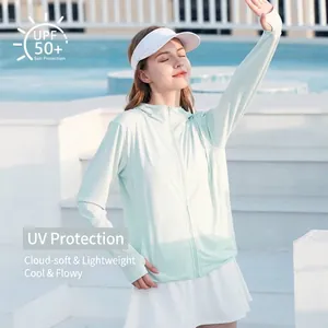 Vêtement de Protection Solaire Respirant Femmes UPF 50 Veste Légère à Capuche Mince Sport de Plein Air Haut à Manches Longues