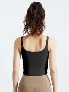 Débardeur de sport noir côtelé pour femme avec doubles bretelles et dos nu en U