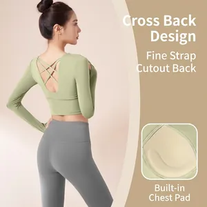 Set da Yoga Donna Crop Top Manica Lunga Incrocio sulla Schiena Con Imbottiture Integrate Leggings Vita Alta Tuta da Fitness Sportiva 2 Pezzi