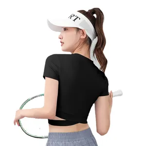 Camiseta de yoga negra de manga corta con cintura cruzada para mujer, fitness y deporte