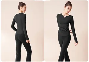 Detailansicht des schwarzen Yoga-Sets mit V-Ausschnitt von vorne und hinten gesehen.