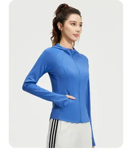 Slim fit hooded sports jacket in vibrant blue featuring zipper and thumbholes for yoga