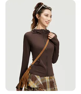 Women's slim-fit dark brown hooded sports yoga jacket featuring a full zipper and pockets