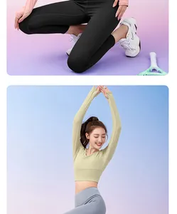 Detailed view of breathable long sleeve yoga top and high waist leggings for fitness