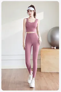 Mauve two-piece yoga set with sports bra and high-waisted leggings for indoor fitness.