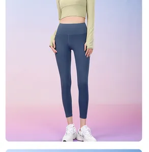 Model wearing blue high-waisted yoga leggings and a yellow long-sleeve crop top set