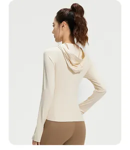 Professional back view of a cream-colored slim-fit hooded sports yoga jacket for women