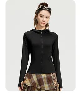 Front view of women's black hooded tight yoga jacket with zipper and thumbholes