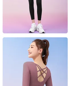 Detailed view of mauve long-sleeved yoga top with criss-cross back and black leggings.