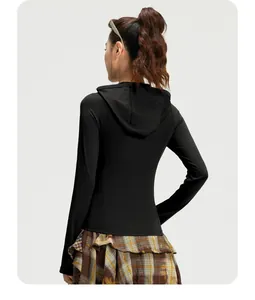 Back view of a slim-fit black hooded sports jacket for yoga and running fitness