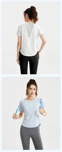 Front and back view of women's yoga set with mesh back t-shirt and high waist leggings