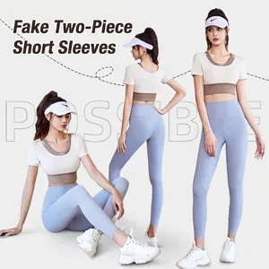 Damen Fake-Two-Piece Yoga-Top Integrierter BH Gepolstert Kurzarm Workout Shirt Slim Fit Blockfarben Sportoberteil
