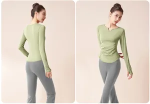 Eng anliegendes Yoga-Set mit V-Ausschnitt, Falten und langen Ärmeln für Damen in Grün