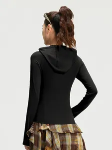 Back view of a professional black hooded slim fit sports jacket for yoga and running