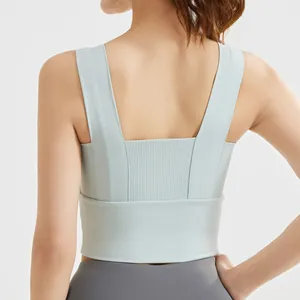 High-impact light blue sports bra with a stylish square back design and fixed padding