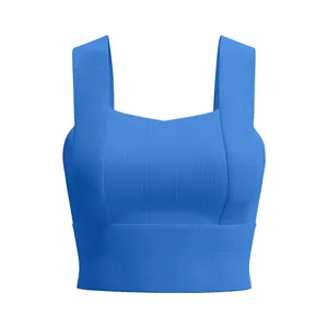 Seamless blue ribbed sports bra with fixed pads for high-impact fitness training