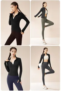 Collage de quatre vues d'une veste de sport noire et d'un legging de yoga taille haute