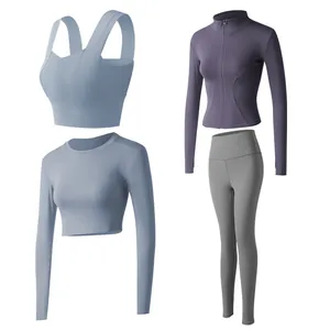 Set yoga 4 pezzi premium ad alta elasticità con reggiseno sportivo, top e leggings