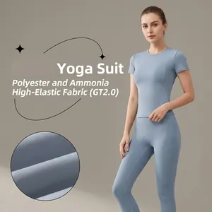 Set da Yoga ad Alta Elasticità da Donna Senza Cuciture Sportivo Top E Pantaloni Manica Corta Vita Alta Snellente