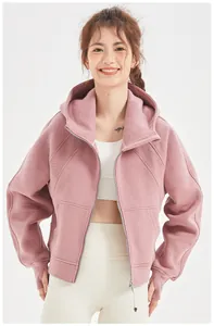 Sweat à capuche oversize rose poudré pour femme avec fermeture éclair et passe-pouces