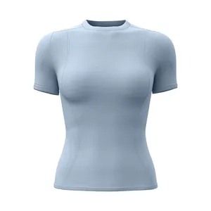 Top da yoga a maniche corte ad alta elasticità in blu polvere per fitness e allenamento