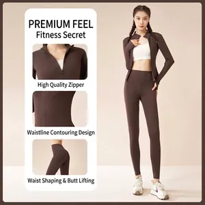 Set yoga termico marrone cioccolato vestibilità slim con giacca zip e leggings alti