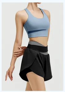 Summer light blue sports bra and black double-layer yoga shorts workout set for women