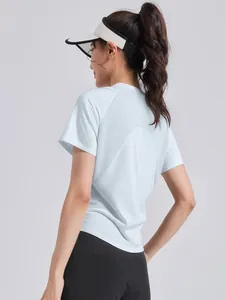Maglietta sportiva azzurra da donna con inserto in rete sulla schiena per yoga e corsa