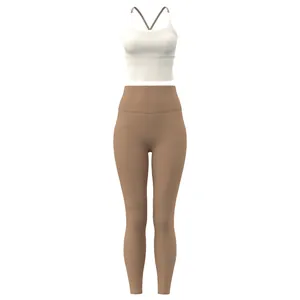 Tweeledig yoga-sportset met witte sport-beha en kaki legging met een hoge tailleband