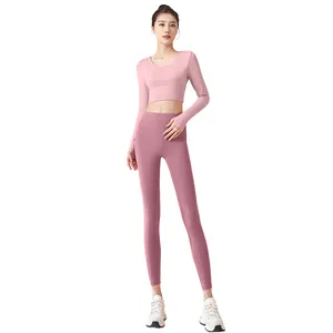 Completo yoga rosa a maniche lunghe con leggings a vita alta snellenti per fitness donna