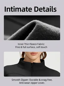 Close-up details of fleece-lined yoga jacket with smooth zipper and chin guard