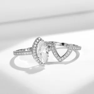 Close-up of marquise cut 2ct ring set with vintage milgrain details in S925 silver.