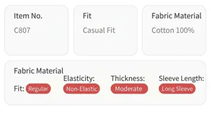 Cuadro de especificaciones detalladas sobre el material y el ajuste de la camisa