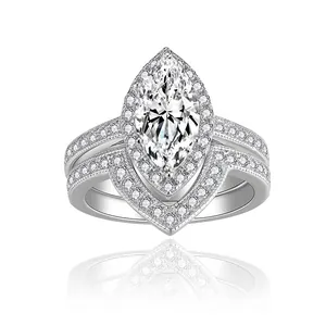 French Vintage Marquise Cut Moissanite Ring Set S925 Sterling Silver White Gold Plated Milgrain Band For Women Jewelry