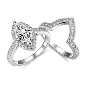 Vintage marquise-cut 2ct halo bridal ring set with beaded S925 silver bands for women