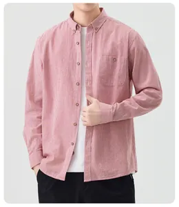Close-up of a men's red and white striped long sleeve shirt showing fabric texture and fit