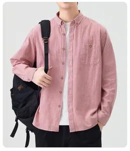 Detail of a red and white pinstriped men's long-sleeved shirt in a Japanese casual style