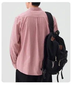 Detailed back view of a men's red and white striped long-sleeve cotton casual shirt