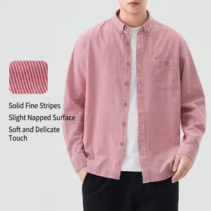Men Casual Striped Long Sleeve Cotton Shirt Japanese Style Slim Fit Sand-washed Embroidery Pocket Top For Daily Office Wear