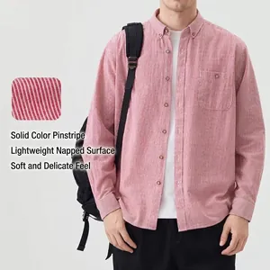 Men's casual red and white fine-striped long-sleeve shirt with a soft-brushed finish