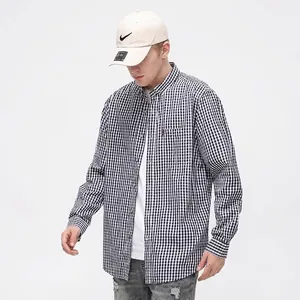 Herrenhemd Langarm Baumwolle Gingham-Karohemd Dunkelblau Weiß Slim Fit Atmungsaktiv