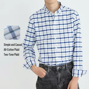Casual men's long sleeve 100% cotton plaid shirt with blue and white checkered pattern